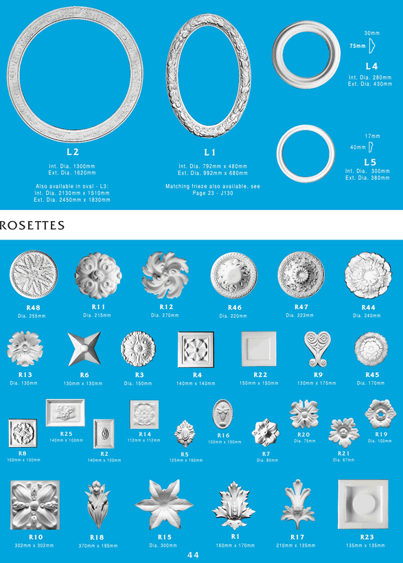 Page 1 - Ceiling Rings - Ornamental interior plaster ceiling centres. Ceiling Panels is Brisbane's leading supplier of decorative plaster and ornamental plaster ceiling rings and rosettes. 