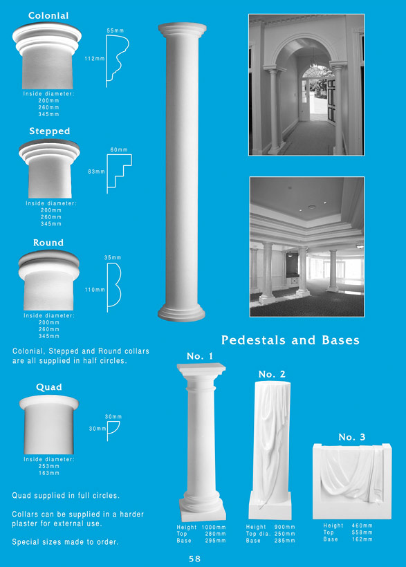 Page 1 - Column Collars - Ornamental column collars in a large range of sizes and designs. Custom designed ornamental column collars. Colonial column collars. Ceiling Panels is Brisbane's leading supplier of decorative plaster and ornamental plaster column collars. 